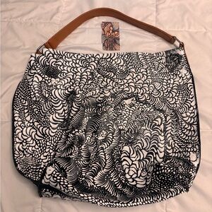 Hand-painted one of a kind large black and white leather tote bag.